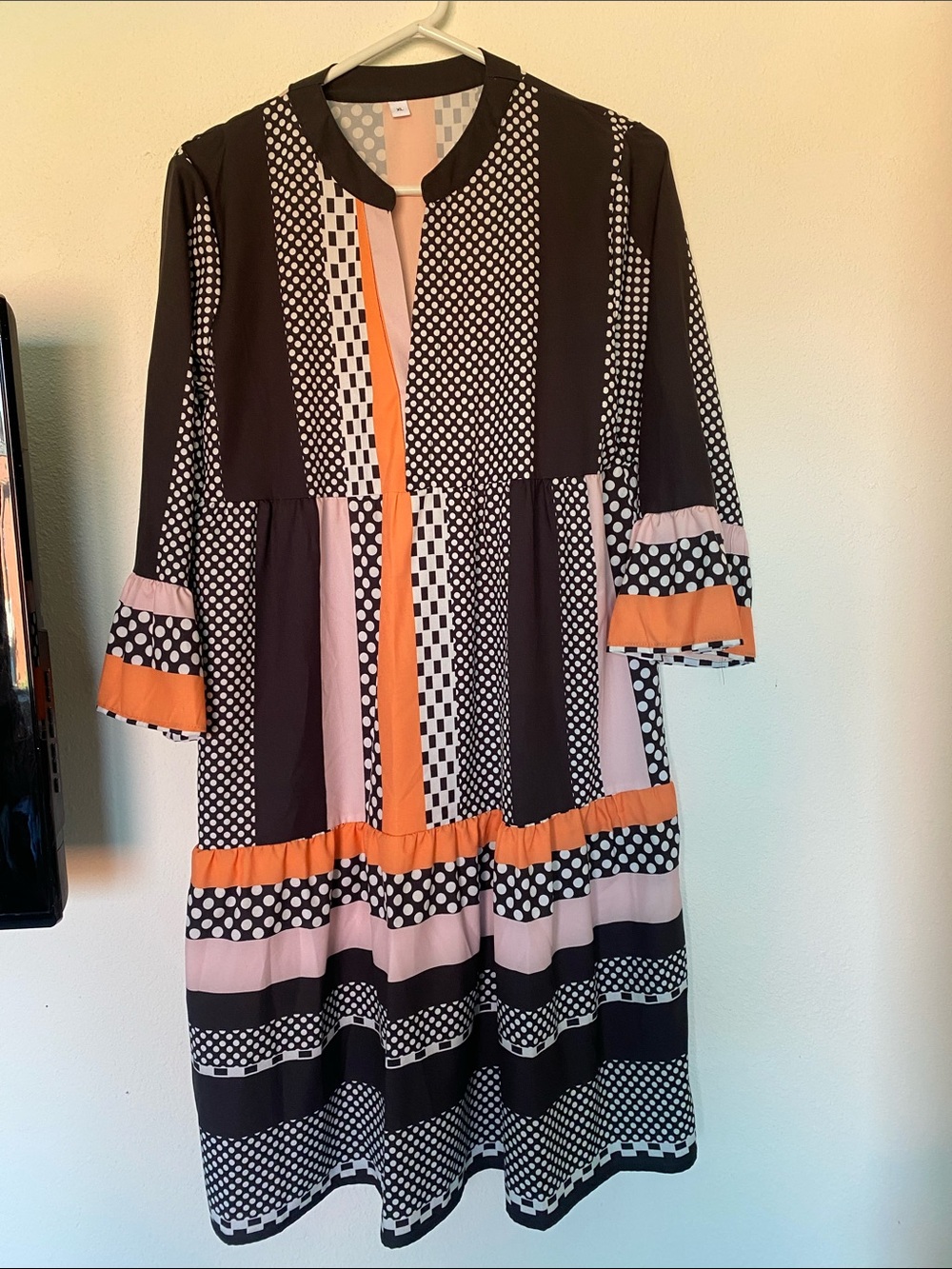 Polka Dot Patchwork Tiered Midi Dress - Black, Pink & Orange size XL